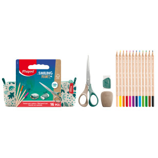 Gevulde etui SMILING PLANET (16 stuks): 1 etui + 1 puntenslijper + 1 gum + 1 SHAPE schaar 16 cm + 12 kleurpotloden